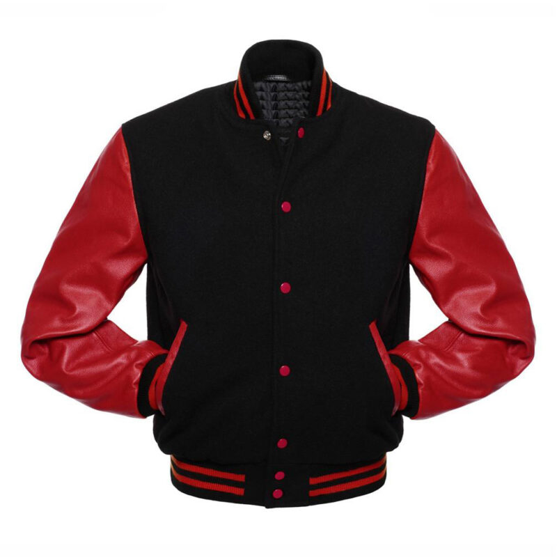 black red varsity jacket front photo