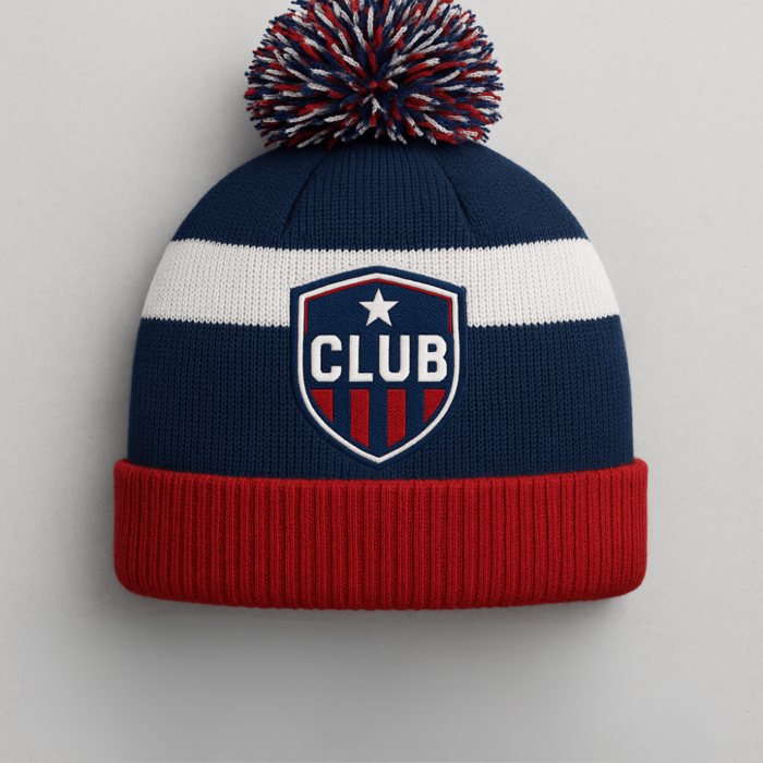 bespoke club-themed bobble hats—customize with your club’s colours, logo, and designs