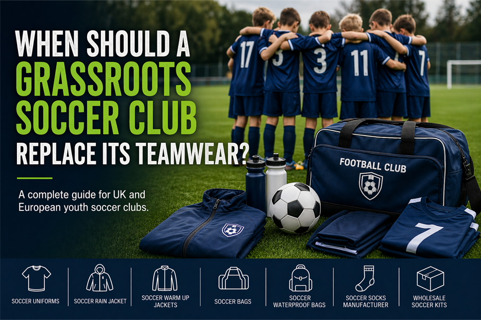 Youth players wearing custom soccer uniforms during training in the UK